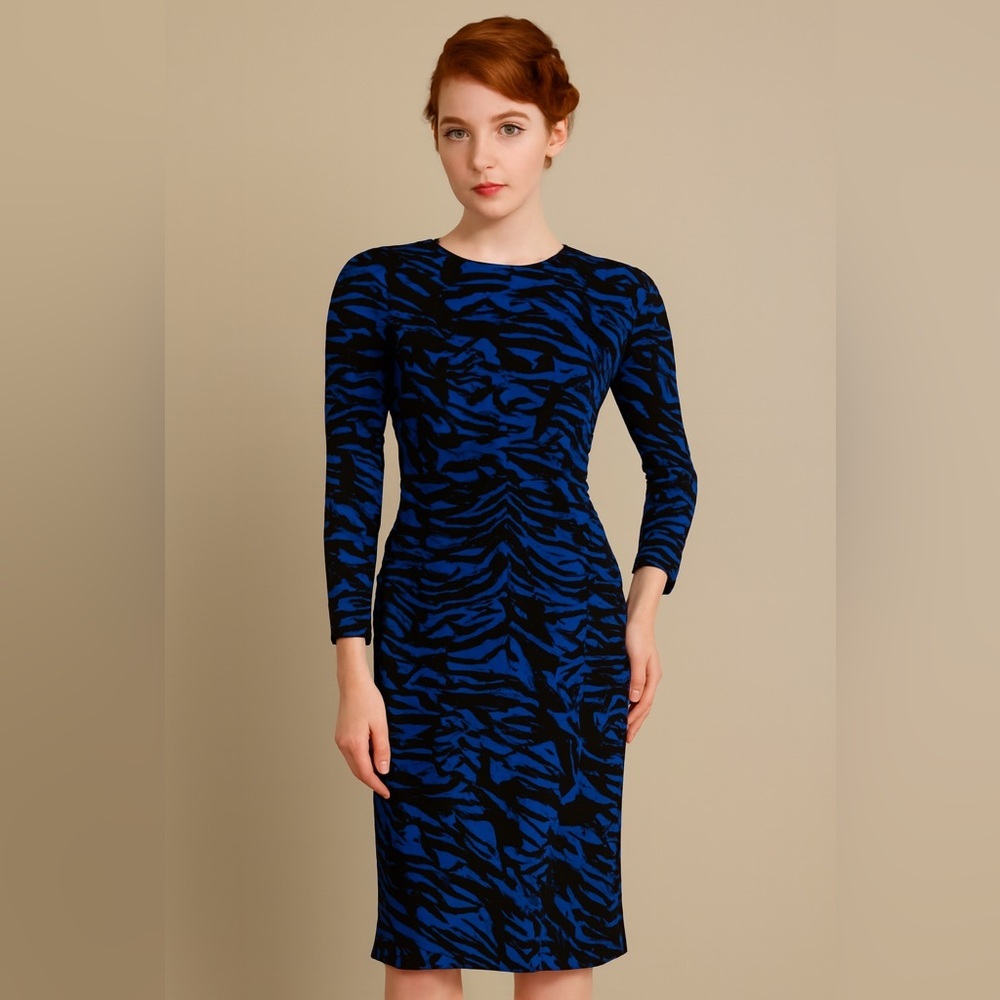 VTG J. Michael Silk Cocktail Dress Blue & Black Animal Print Peekaboo Back 6